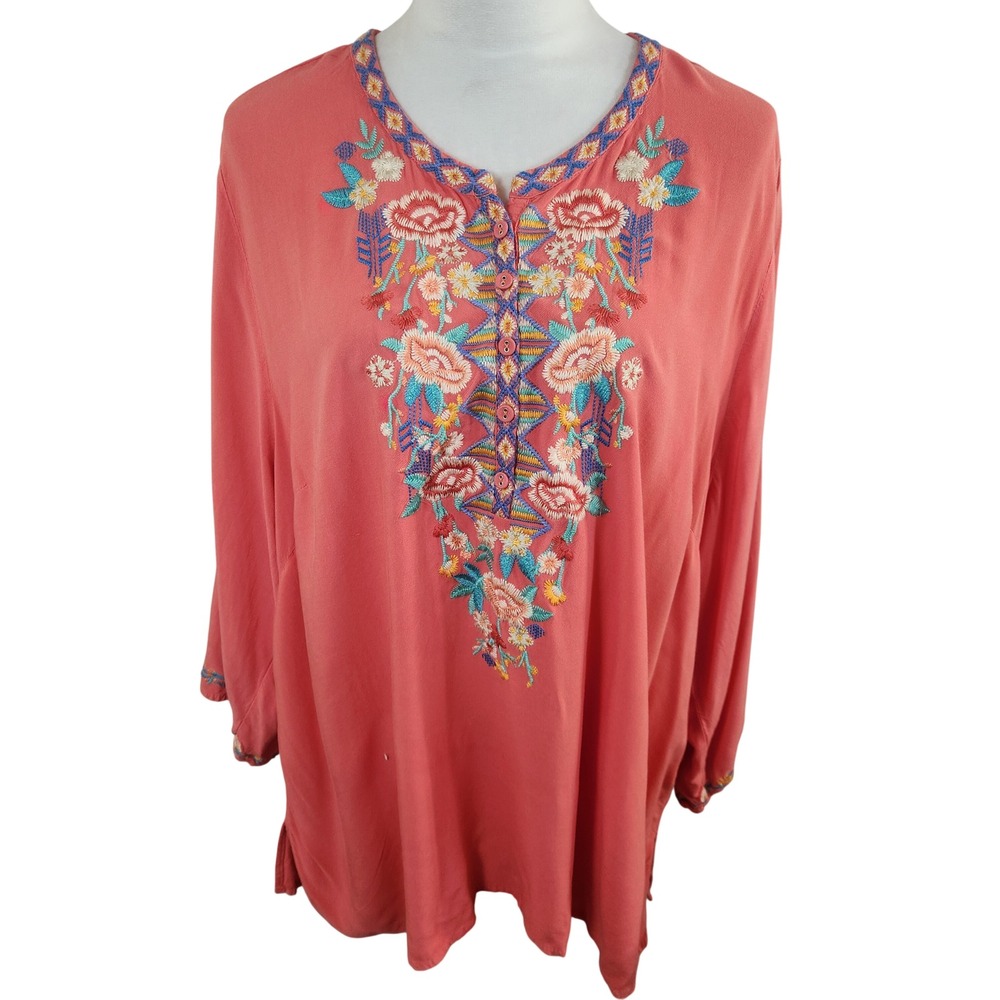 C&C California Embroidered Tunic Top Coral Orange Womens 2X Boho Coastal Hippie
